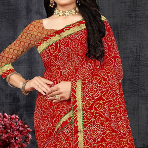 Red Casual Wear Bandhani Printed Georgette Designer Saree - Peachmode
