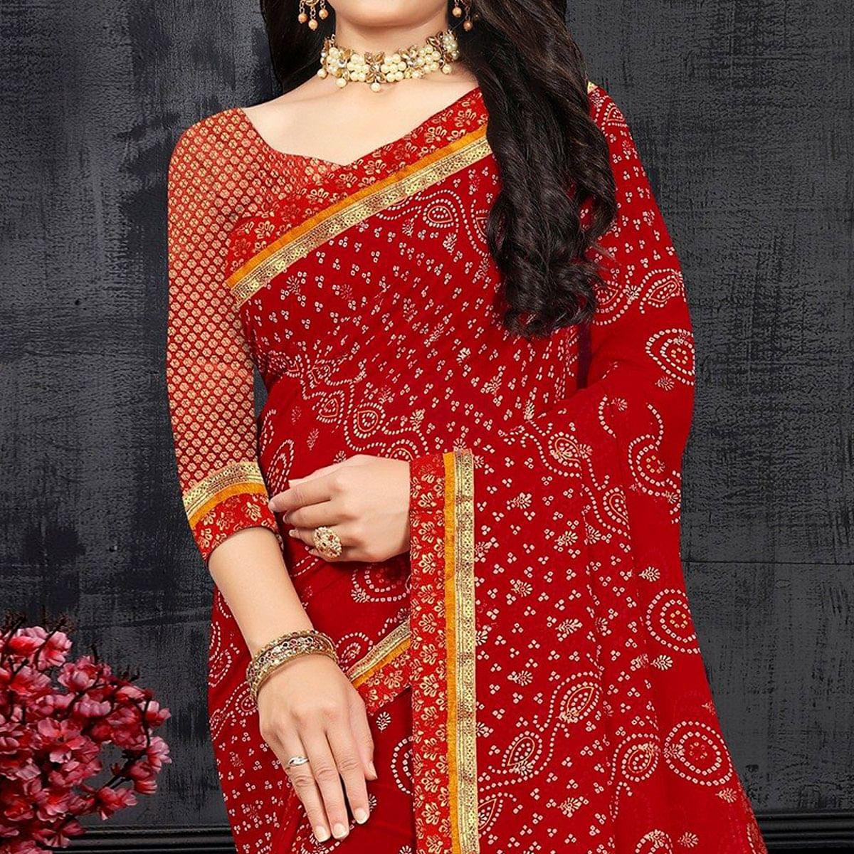 Red Casual Wear Bandhani Printed Georgette Designer Saree - Peachmode