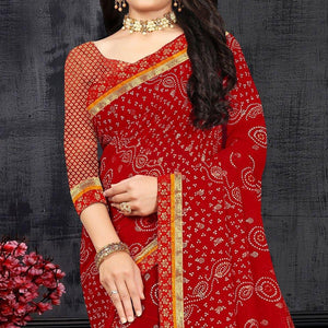 Red Casual Wear Bandhani Printed Georgette Designer Saree - Peachmode