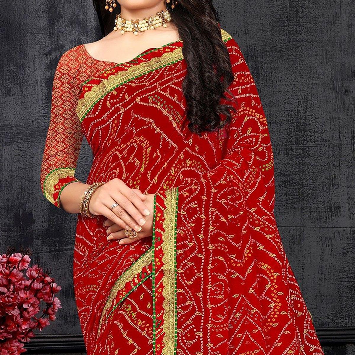 Red Casual Wear Bandhani Printed Georgette Designer Saree - Peachmode