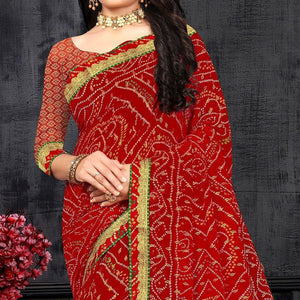 Red Casual Wear Bandhani Printed Georgette Designer Saree - Peachmode