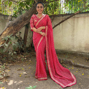 Red Casual Wear Bandhani Printed Georgette Saree - Peachmode