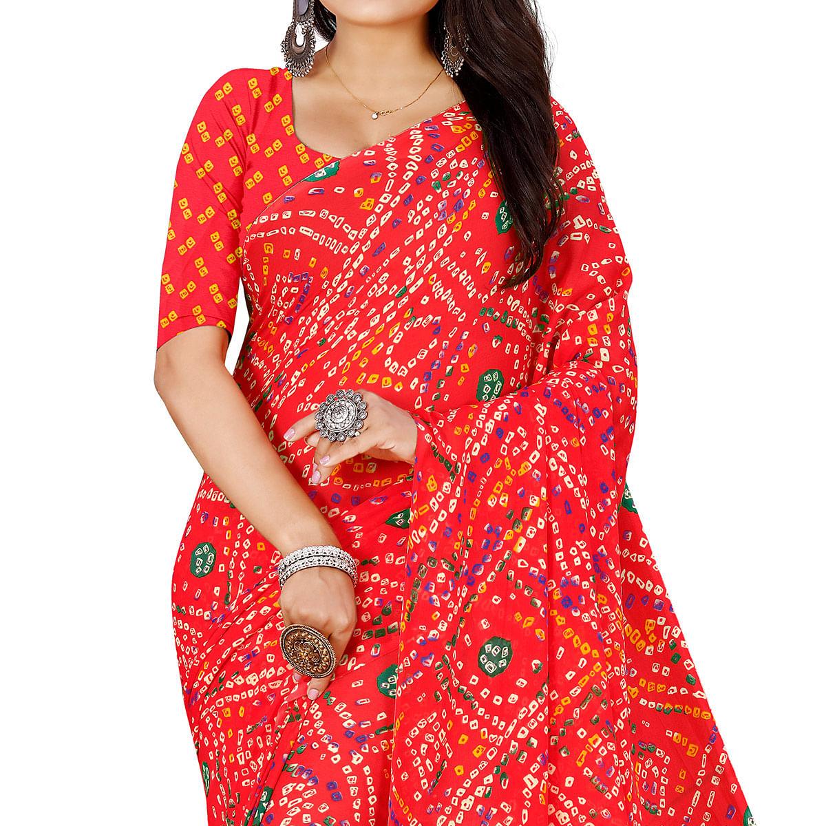Red Casual Wear Bandhani Printed Georgette Saree - Peachmode