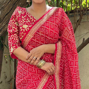 Red Casual Wear Bandhani Printed Georgette Saree - Peachmode