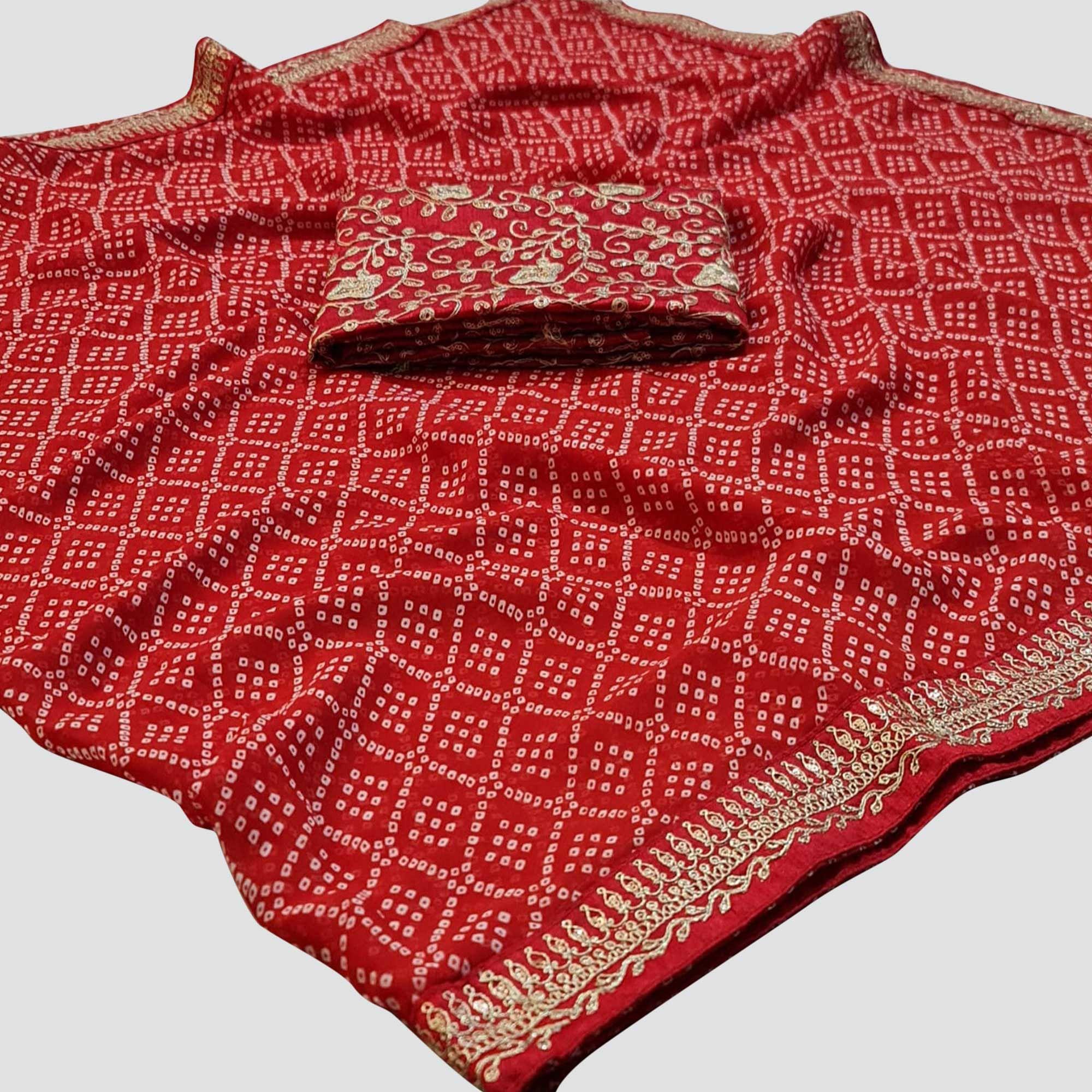 Red Casual Wear Bandhani Printed Georgette Saree - Peachmode