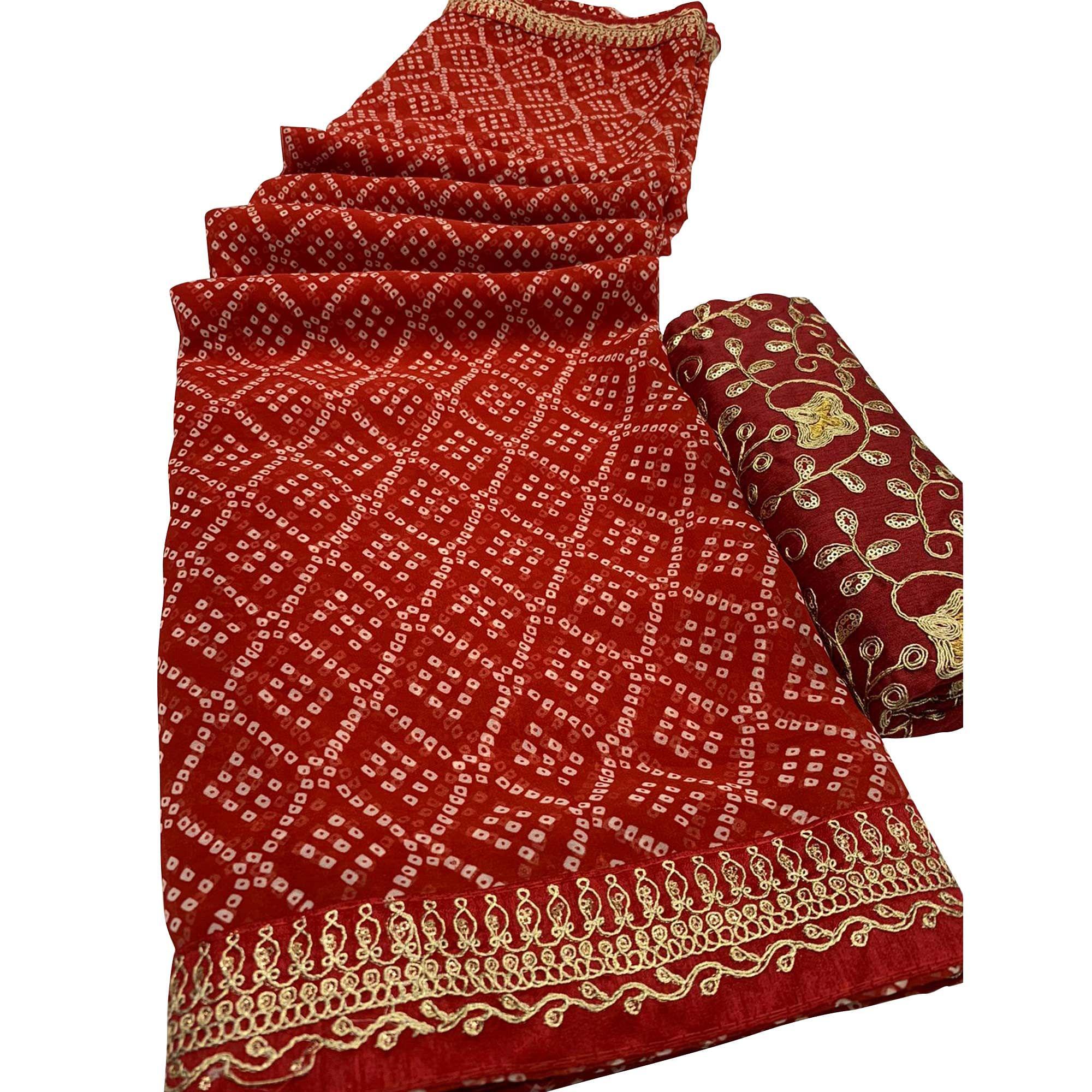 Red Casual Wear Bandhani Printed Georgette Saree - Peachmode