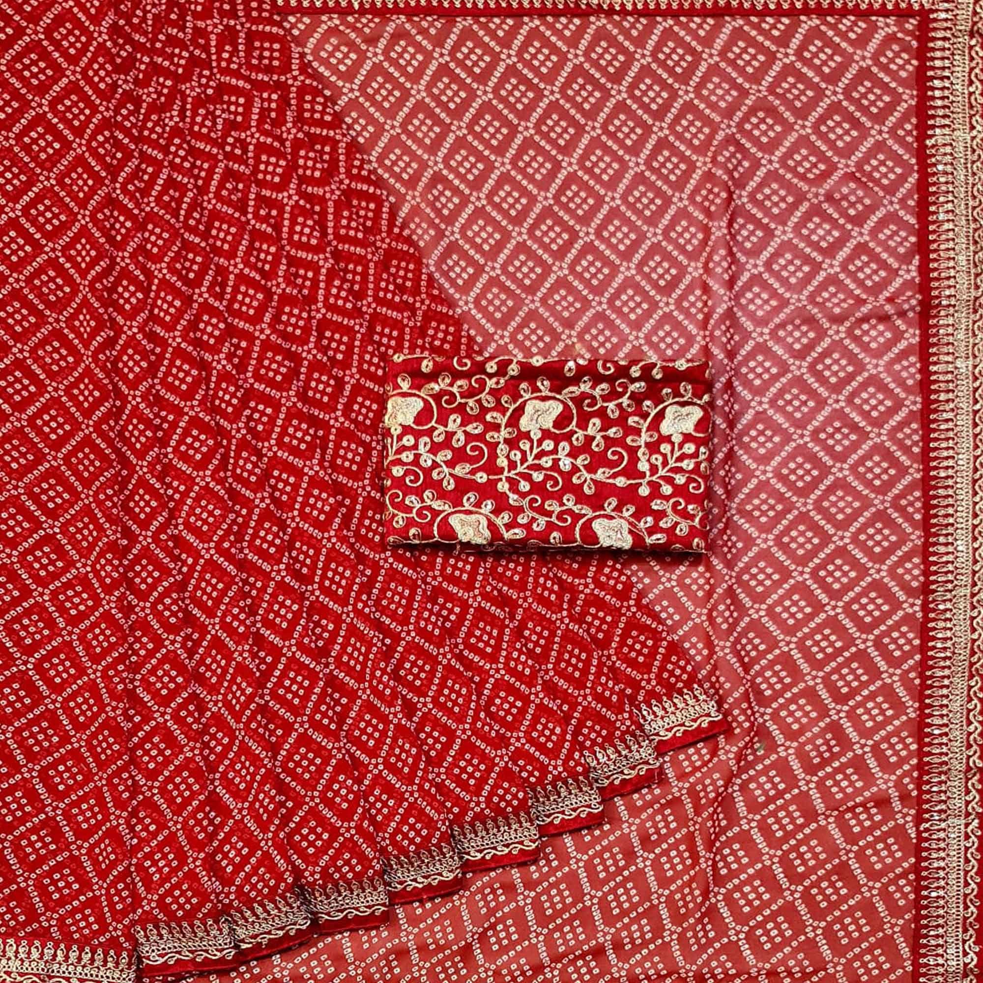 Red Casual Wear Bandhani Printed Georgette Saree - Peachmode