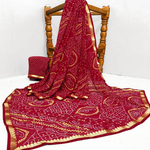 Red Casual Wear Bandhani Printed Georgette Saree With Designer Border - Peachmode