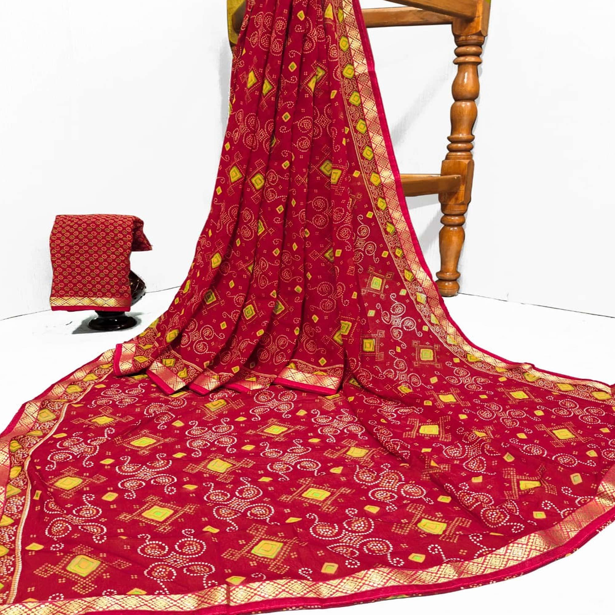 Red Casual Wear Bandhani Printed Georgette Saree With Designer Border - Peachmode