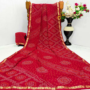 Red Casual Wear Bandhani Printed Georgette Saree With Designer Border - Peachmode