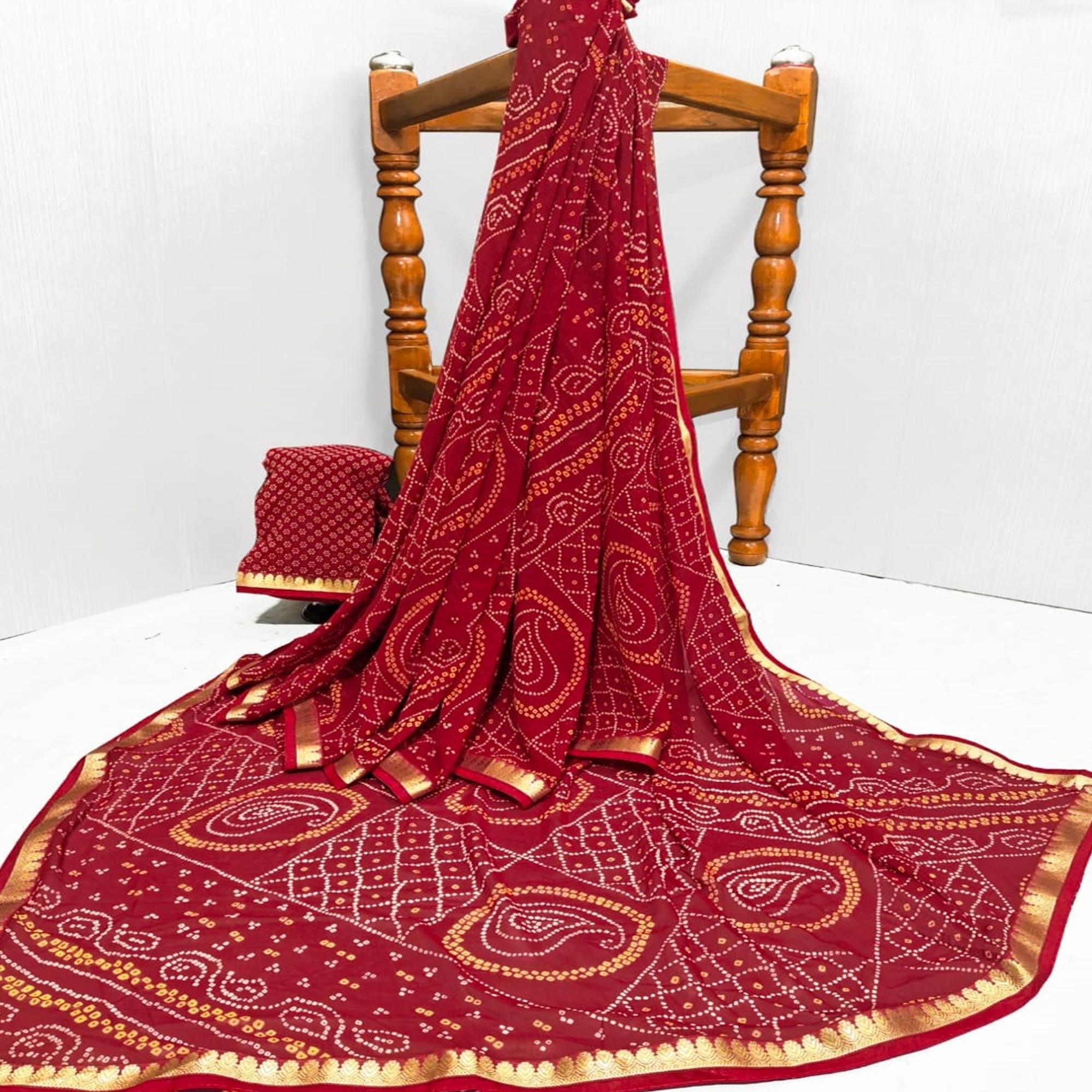 Red Casual Wear Bandhani Printed Georgette Saree With Designer Border - Peachmode