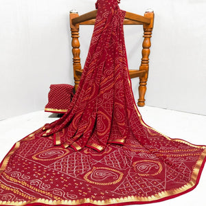 Red Casual Wear Bandhani Printed Georgette Saree With Designer Border - Peachmode
