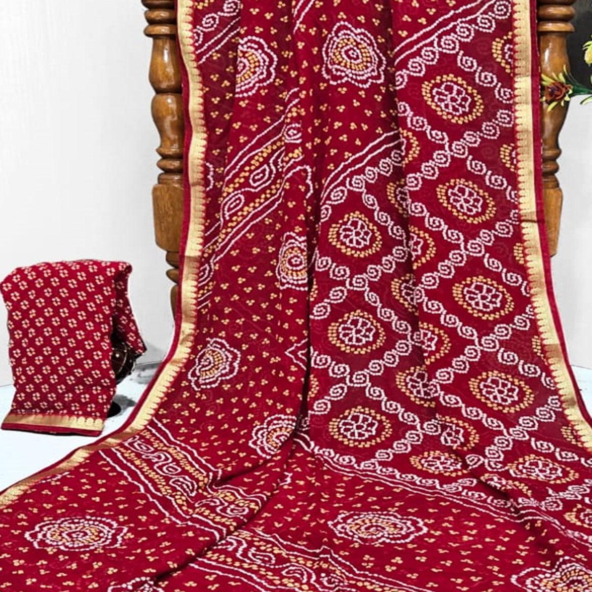 Red Casual Wear Bandhani Printed Georgette Saree With Designer Border - Peachmode