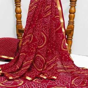 Red Casual Wear Bandhani Printed Georgette Saree With Designer Border - Peachmode