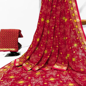 Red Casual Wear Bandhani Printed Georgette Saree With Designer Border - Peachmode