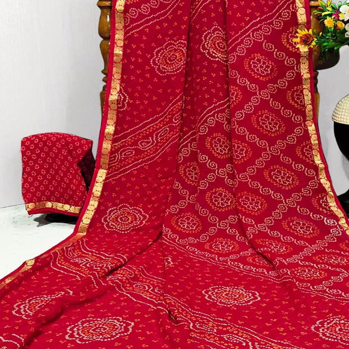 Red Casual Wear Bandhani Printed Georgette Saree With Designer Border - Peachmode