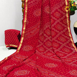 Red Casual Wear Bandhani Printed Georgette Saree With Designer Border - Peachmode