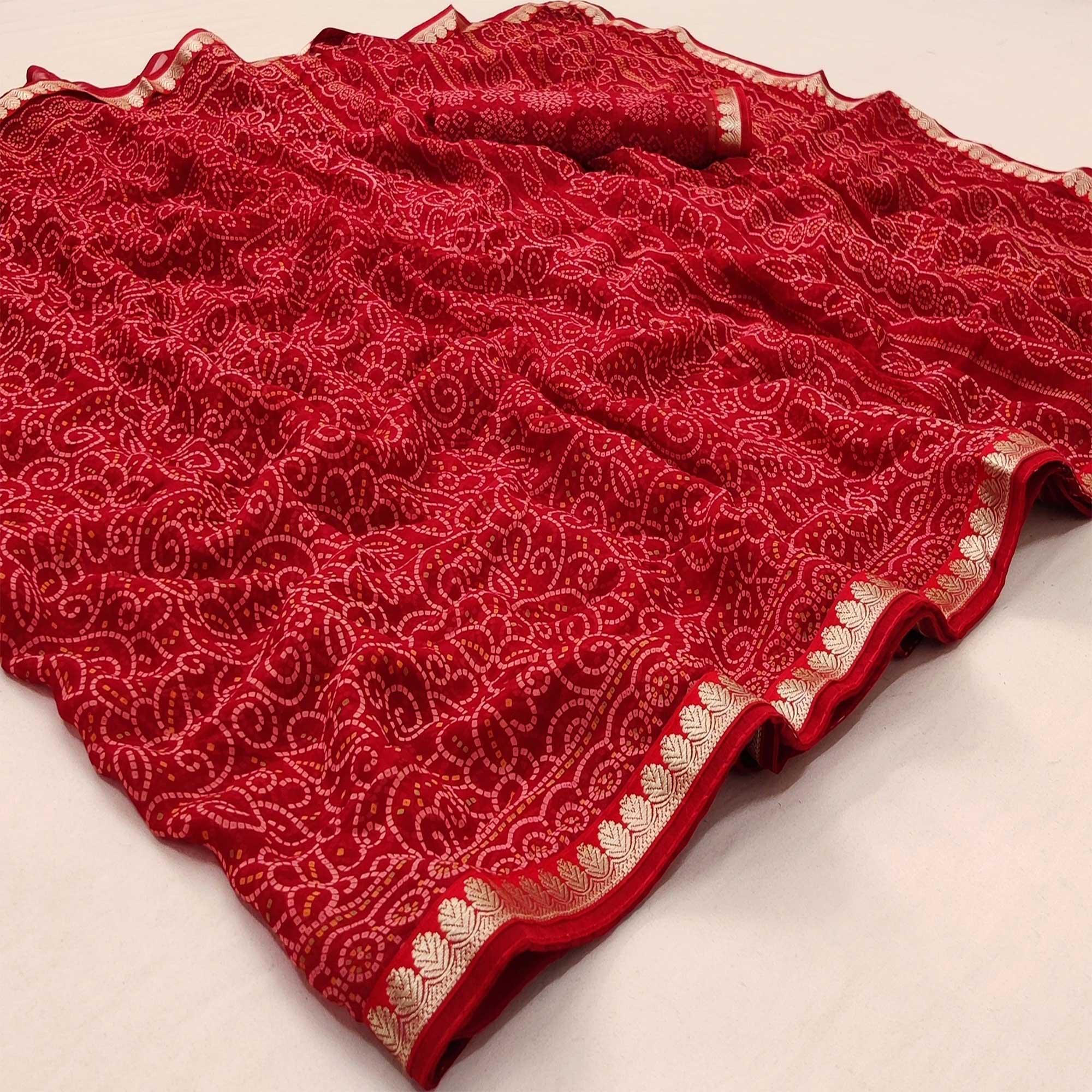 Red Casual Wear Bandhani Printed Soft Georgette Saree With Fancy Border - Peachmode