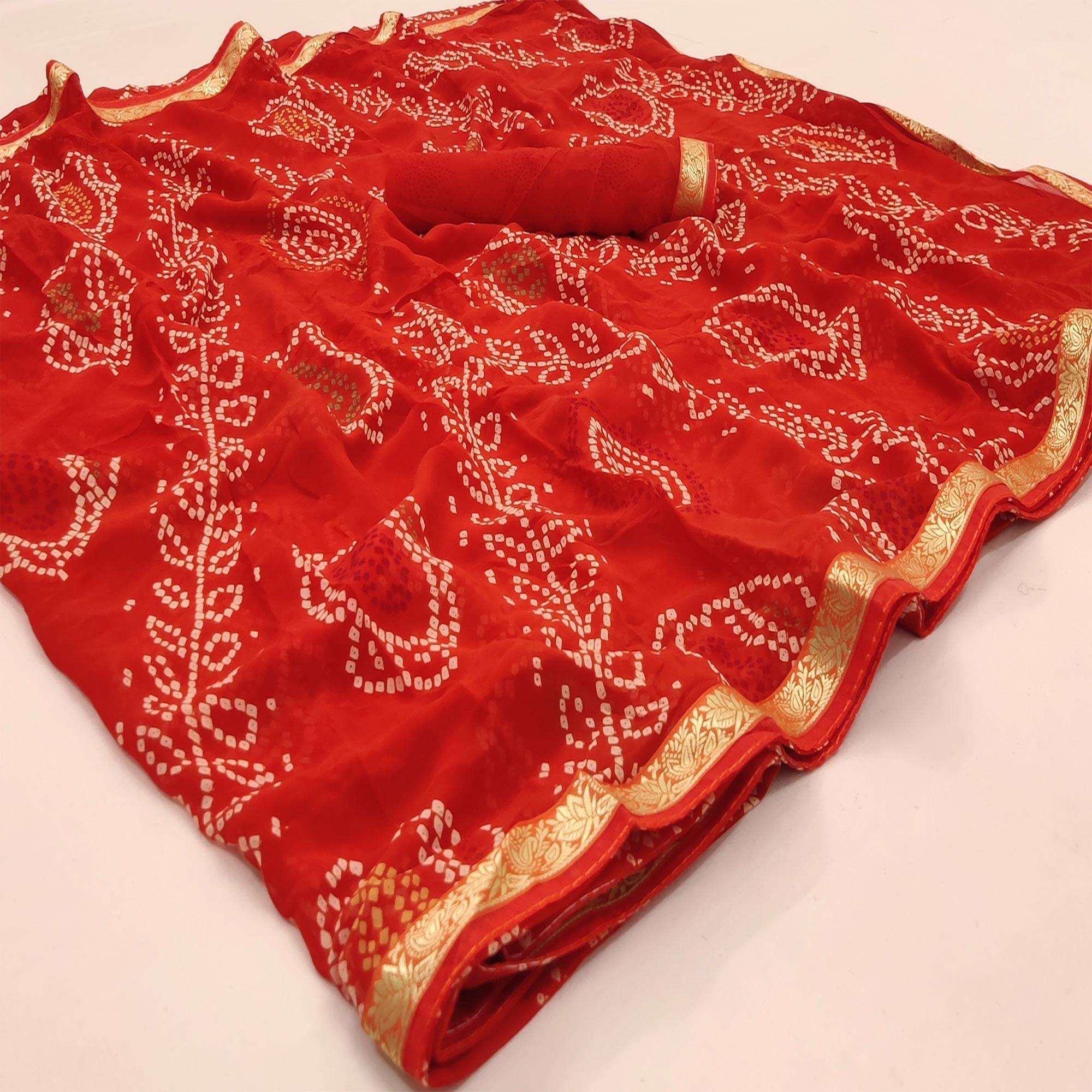 Red Casual Wear Bandhani Printed Soft Georgette Saree With Fancy Border - Peachmode