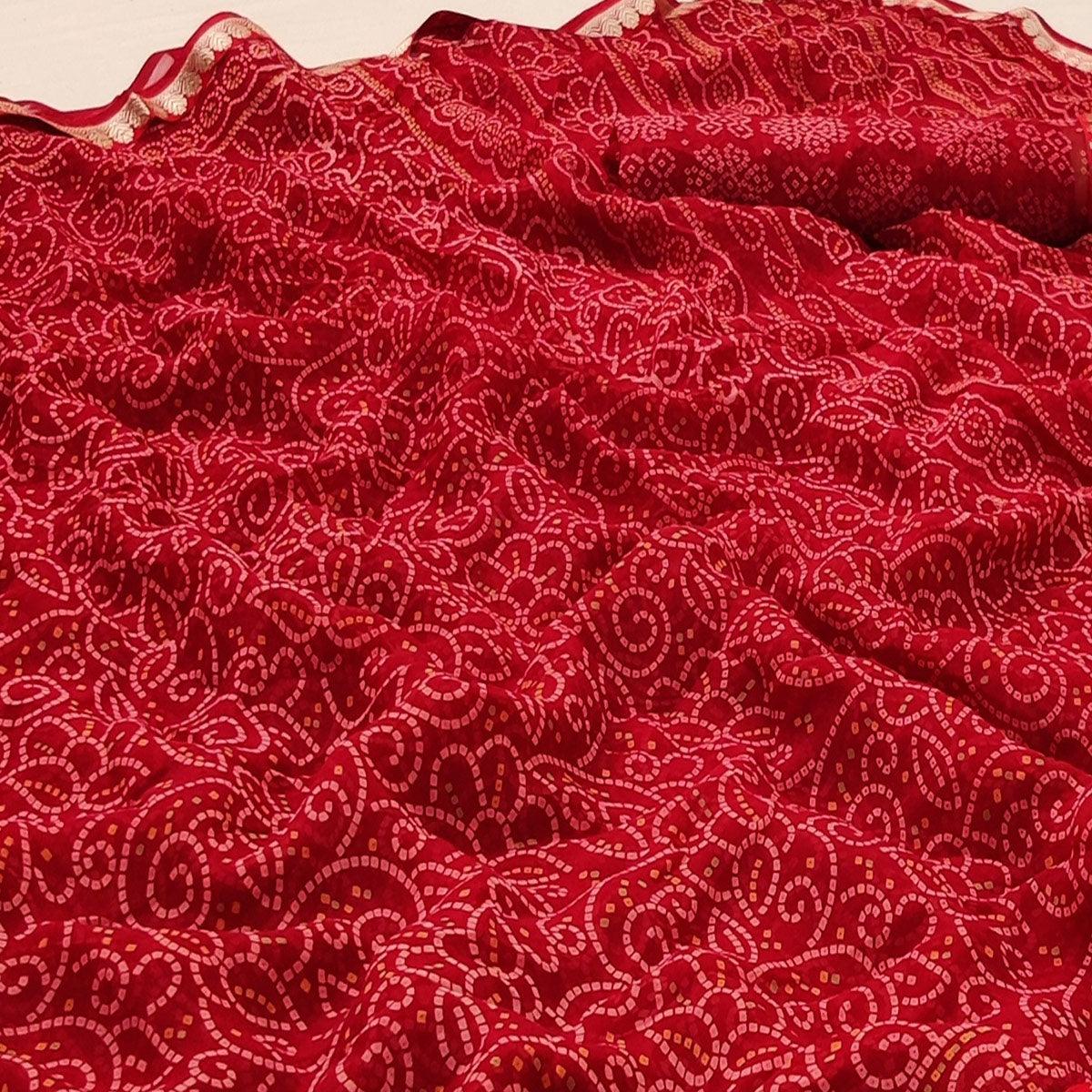 Red Casual Wear Bandhani Printed Soft Georgette Saree With Fancy Border - Peachmode