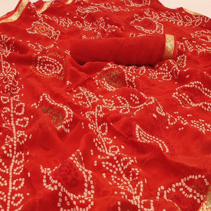 Red Casual Wear Bandhani Printed Soft Georgette Saree With Fancy Border - Peachmode