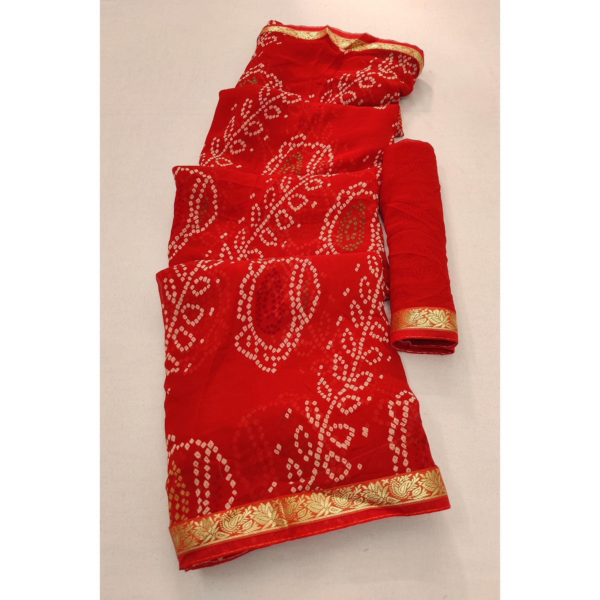 Red Casual Wear Bandhani Printed Soft Georgette Saree With Fancy Border - Peachmode