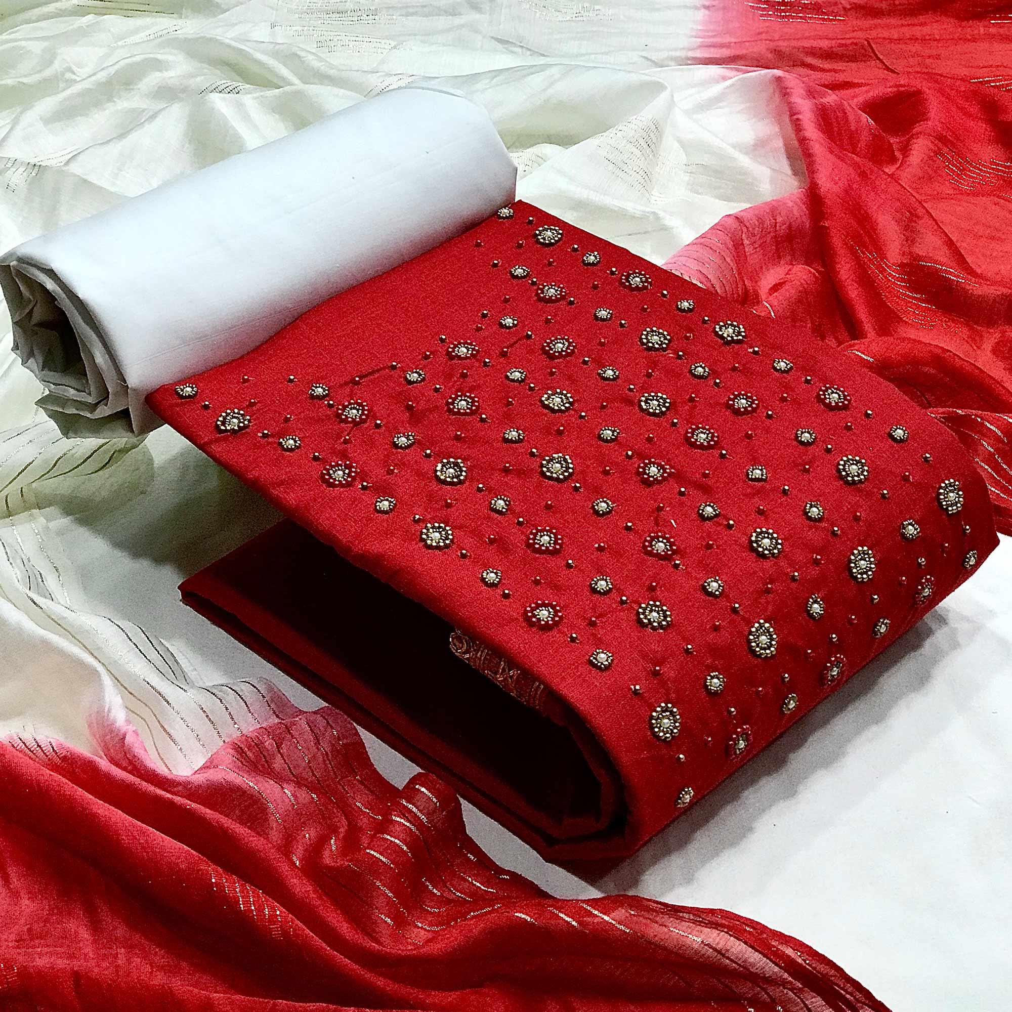 Red Casual Wear Beads Handwork Pure Cotton Dress Material