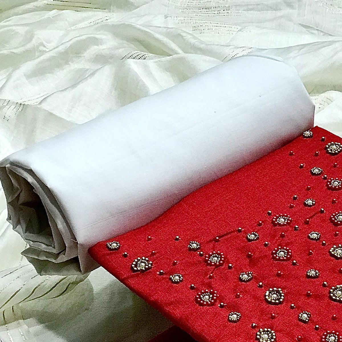 Red Casual Wear Beads Handwork Pure Cotton Dress Material - Peachmode