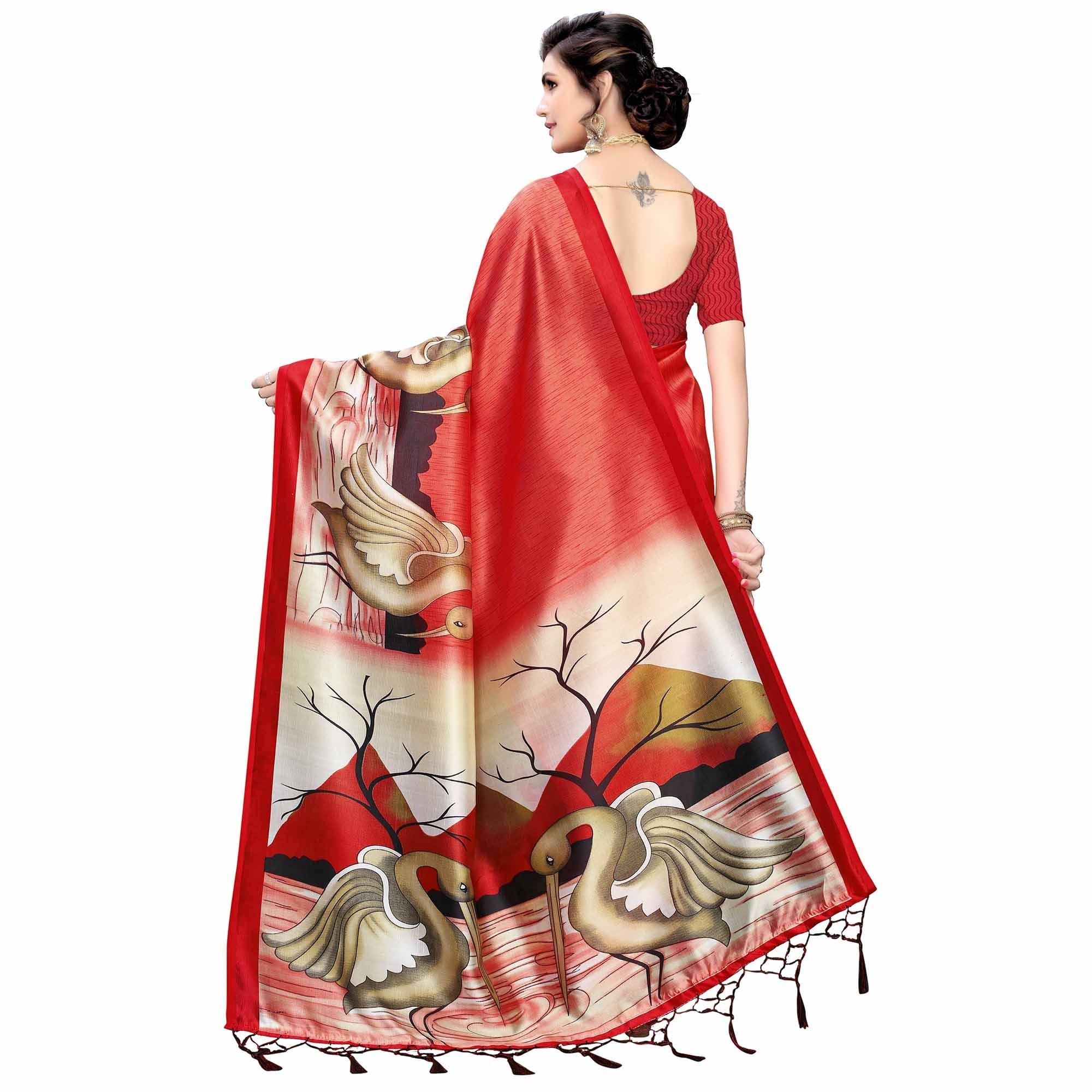 Red Casual Wear Bird Printed Art Silk Saree - Peachmode
