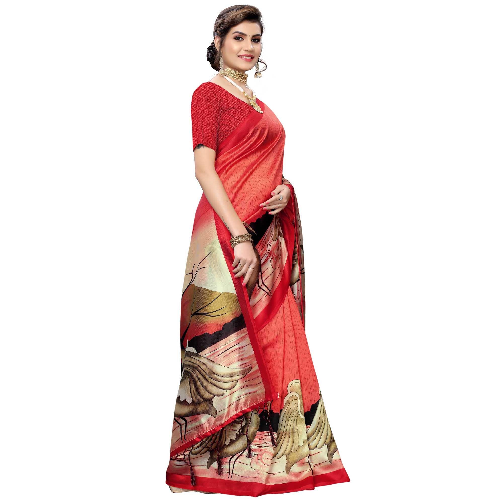 Red Casual Wear Bird Printed Art Silk Saree - Peachmode