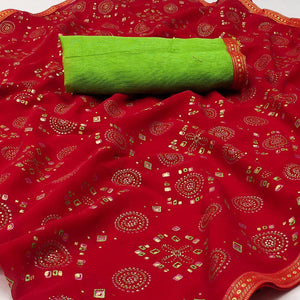Red Casual Wear Block Printed With Foil Work Georgette Saree - Peachmode