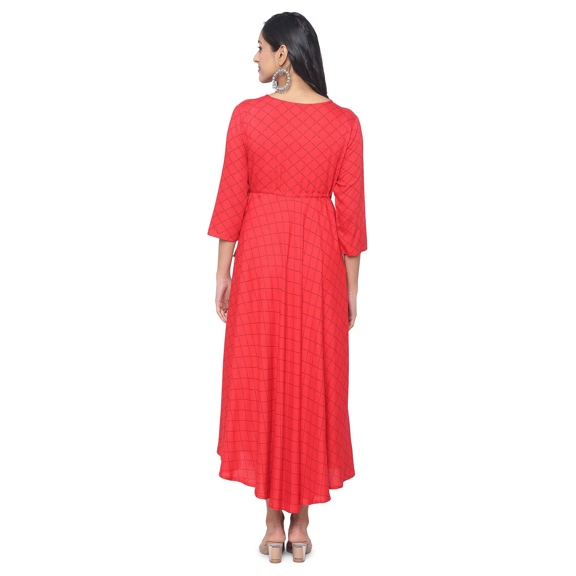 Red Casual Wear Checks Printed Rayon Long Kurti - Peachmode