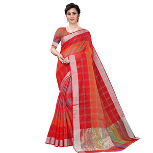 Red Casual Wear Checks Printed Silk Saree With Border - Peachmode