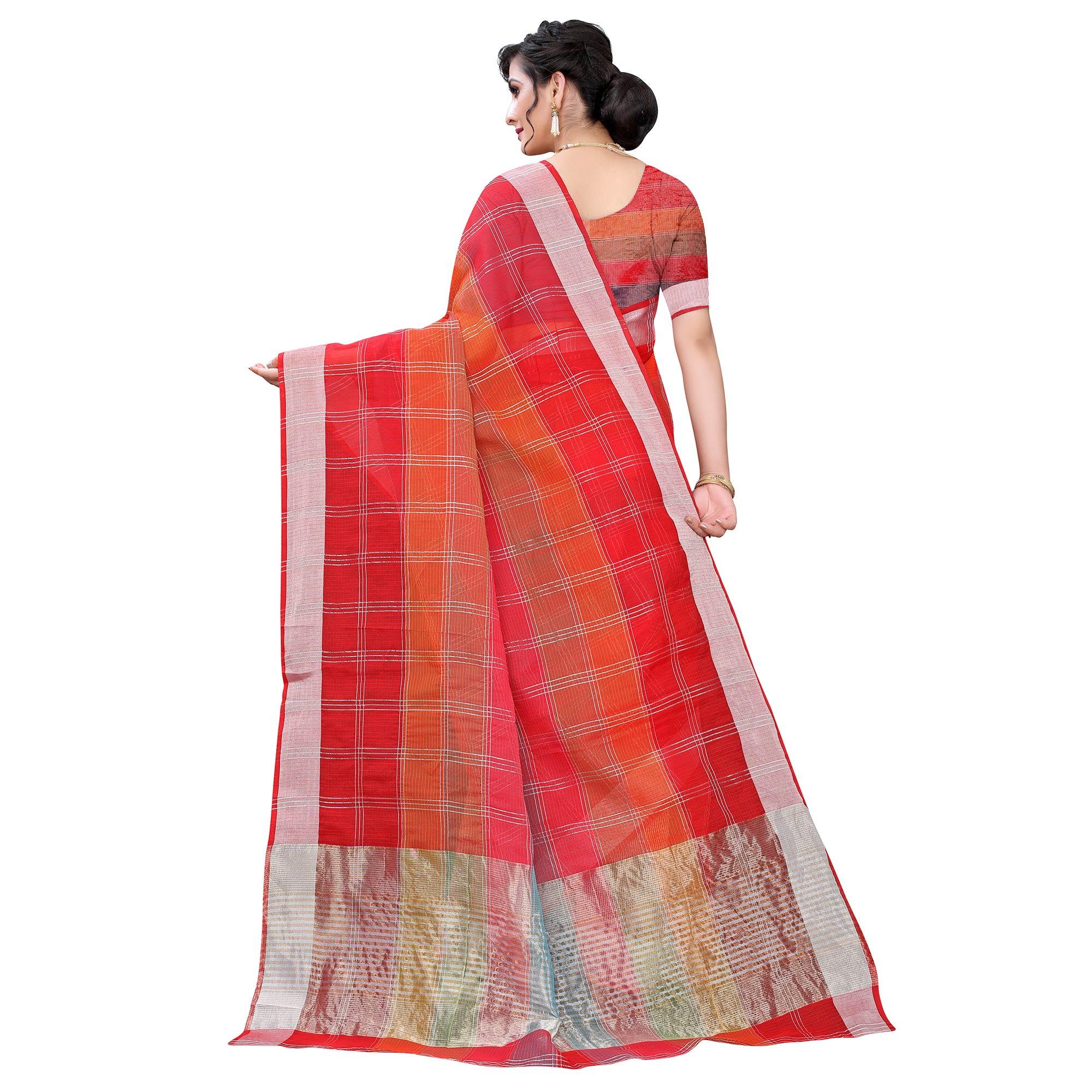 Red Casual Wear Checks Printed Silk Saree With Border - Peachmode