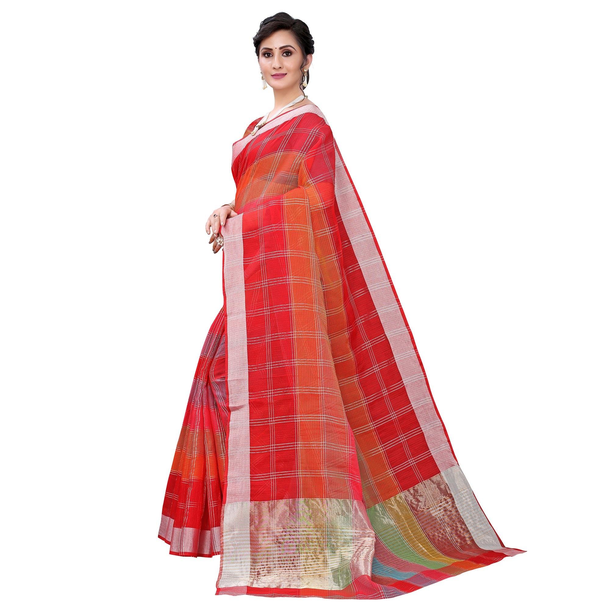 Red Casual Wear Checks Printed Silk Saree With Border - Peachmode