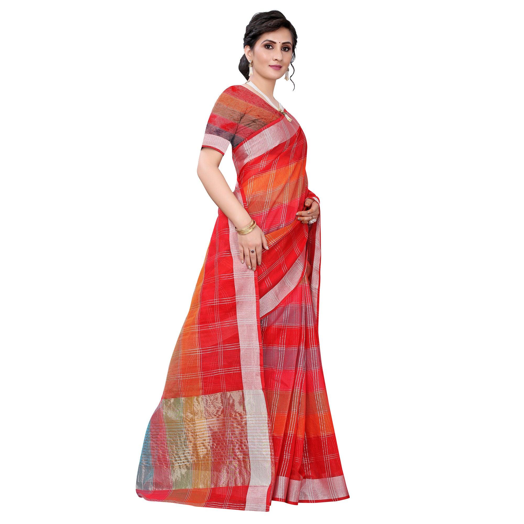 Red Casual Wear Checks Printed Silk Saree With Border - Peachmode