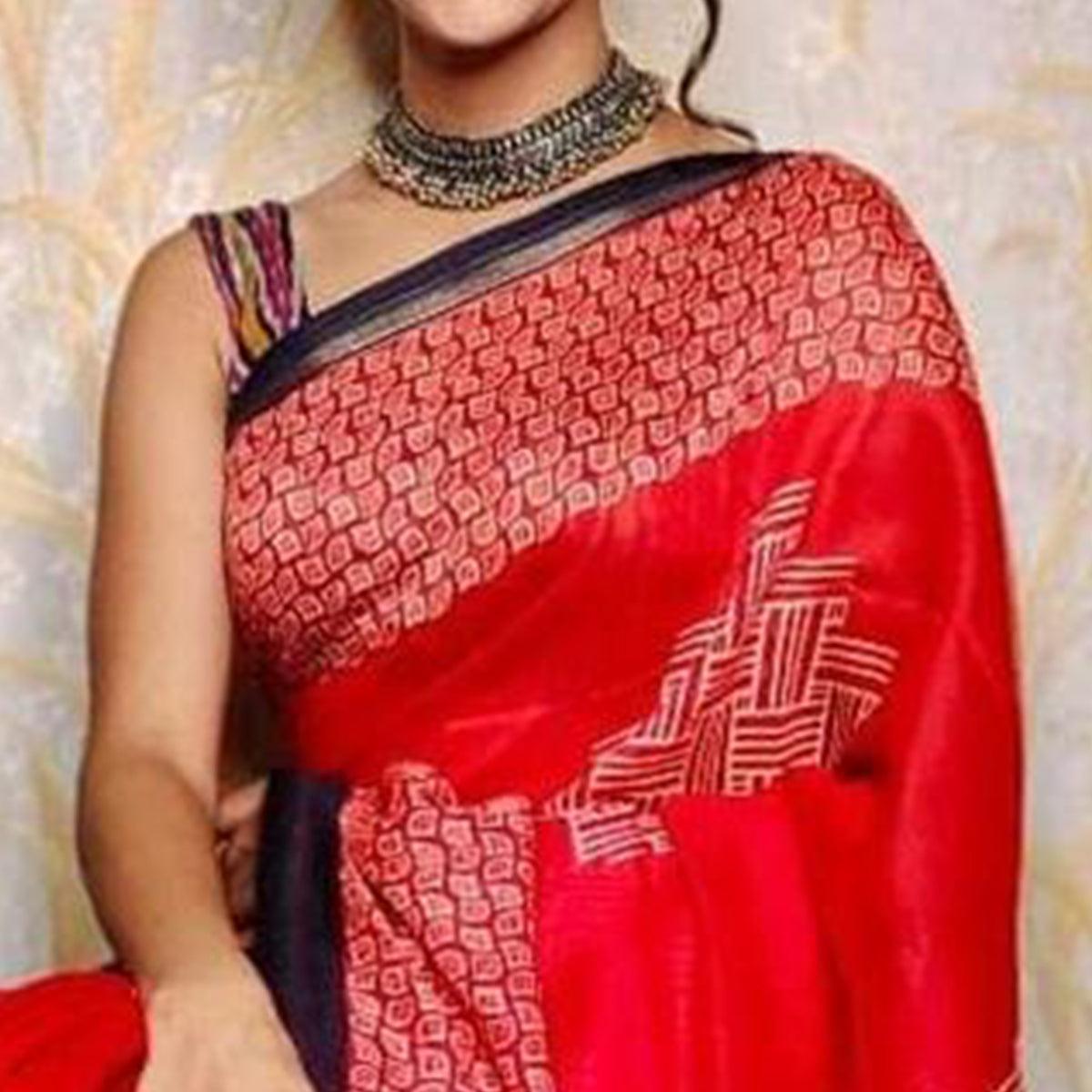 Red Casual Wear Digital Printed Chanderi Silk Saree - Peachmode
