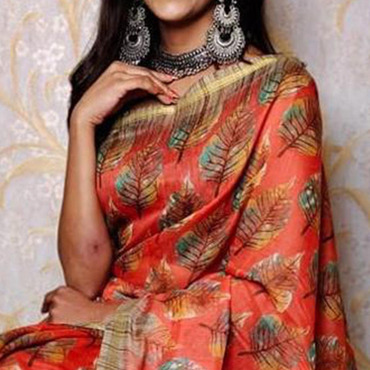 Red Casual Wear Digital Printed Chanderi Silk Saree - Peachmode