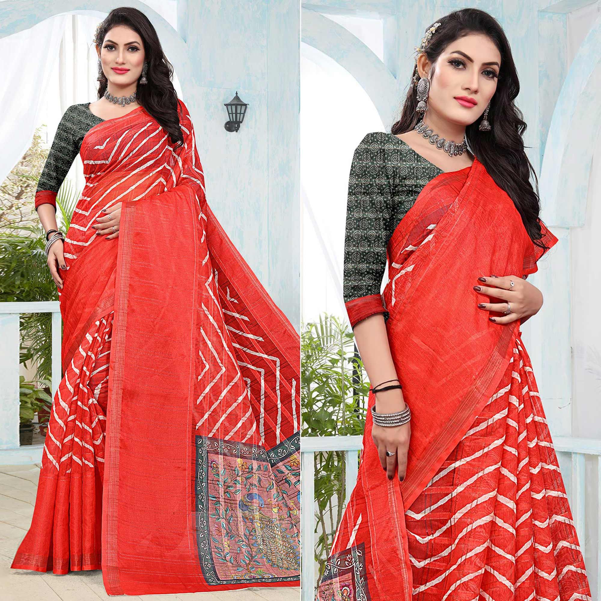 Red Casual Wear Digital Printed Cotton Silk Saree - Peachmode