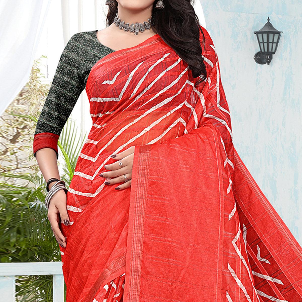Red Casual Wear Digital Printed Cotton Silk Saree - Peachmode