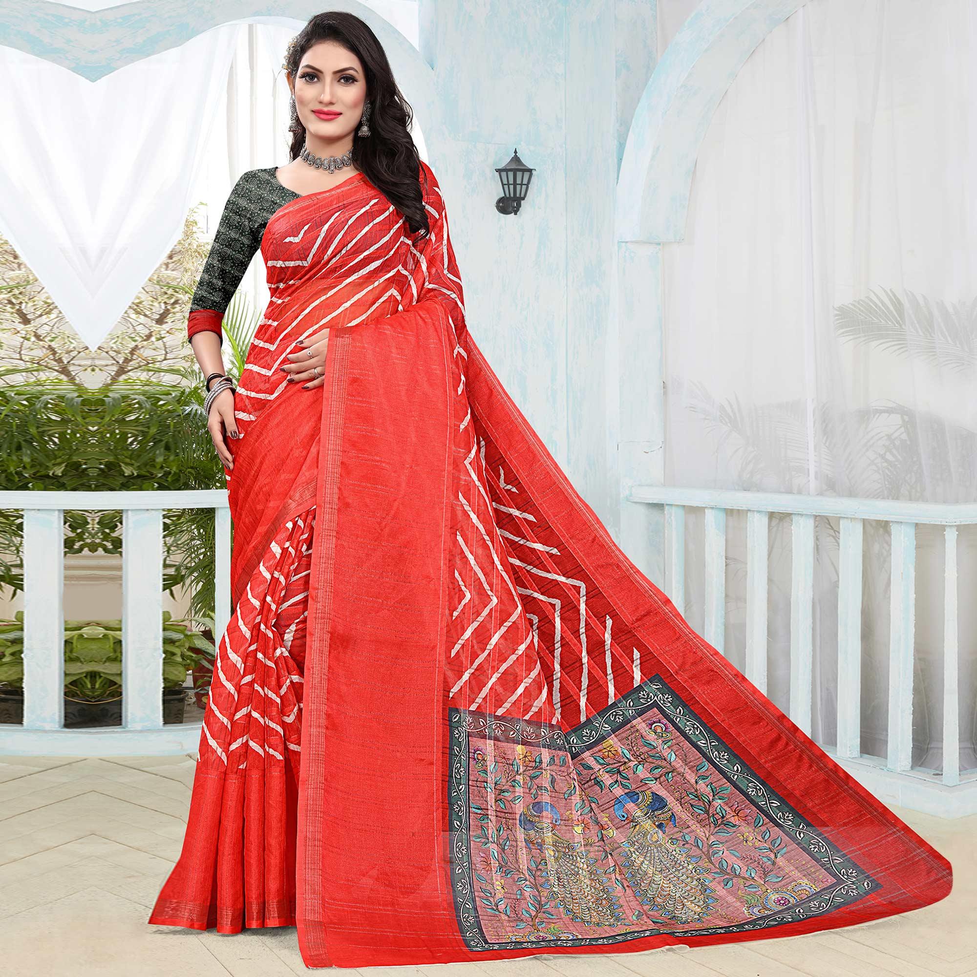Red Casual Wear Digital Printed Cotton Silk Saree - Peachmode