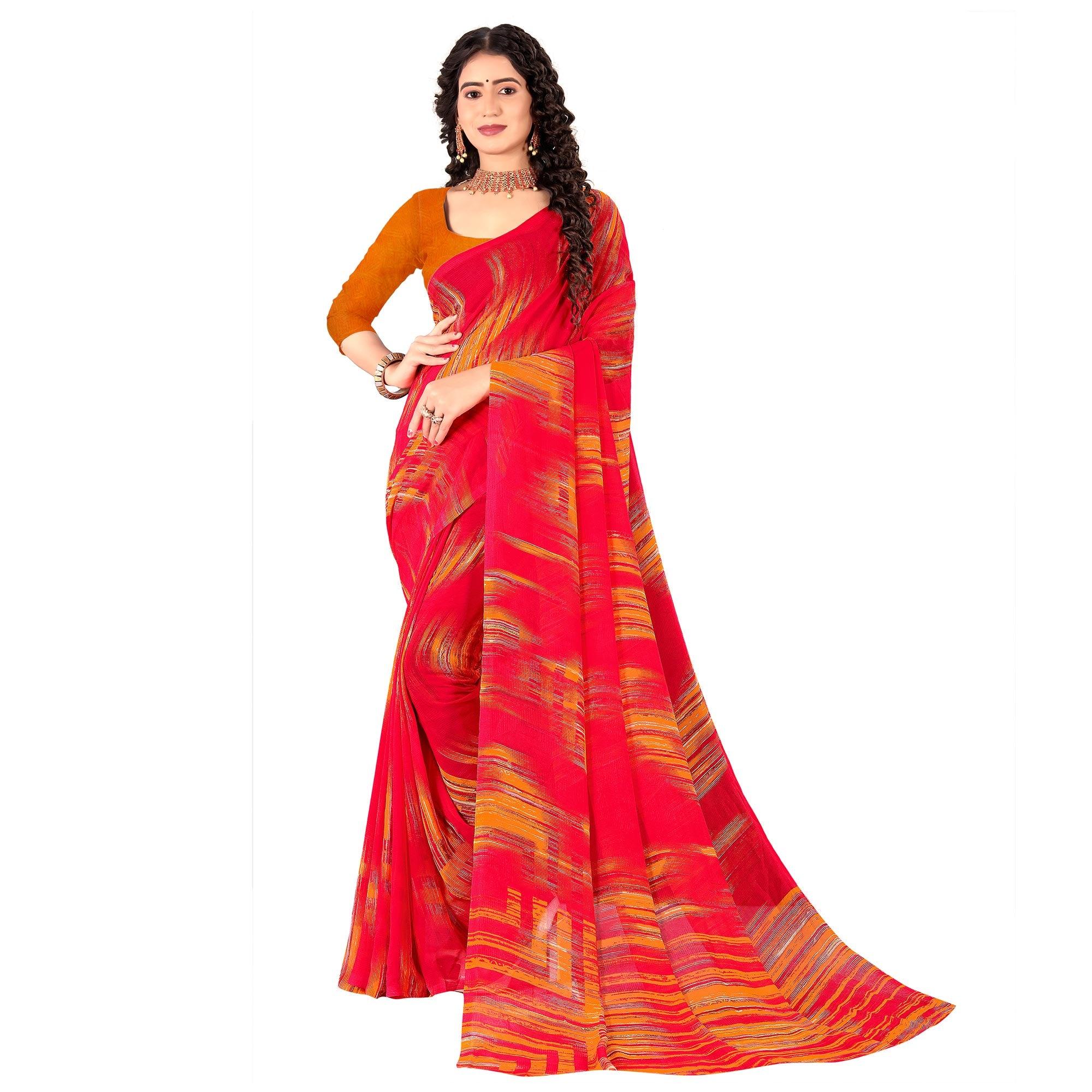 Red Casual Wear Digital Printed Georgette Saree - Peachmode