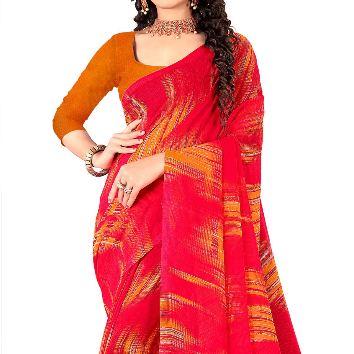 Red Casual Wear Digital Printed Georgette Saree - Peachmode