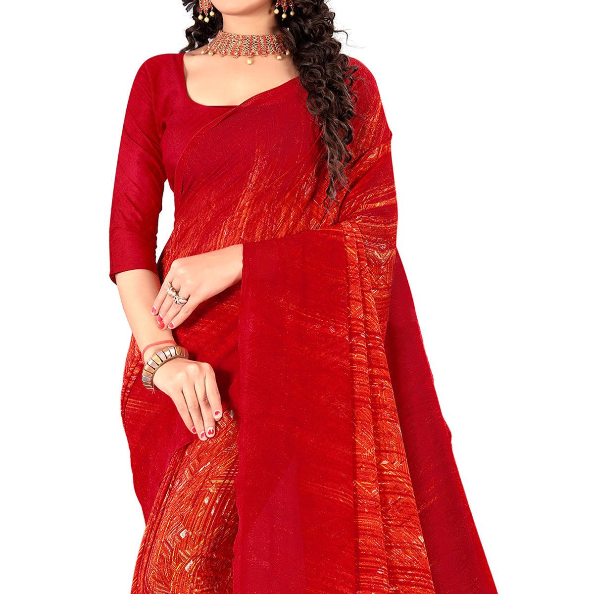 Red Casual Wear Digital Printed Georgette Saree - Peachmode