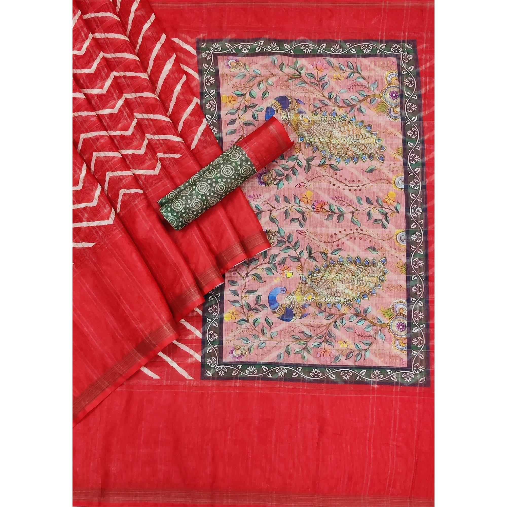 Red Casual Wear Digital Striped Printed Silk Saree With Jari Jacquard Border - Peachmode