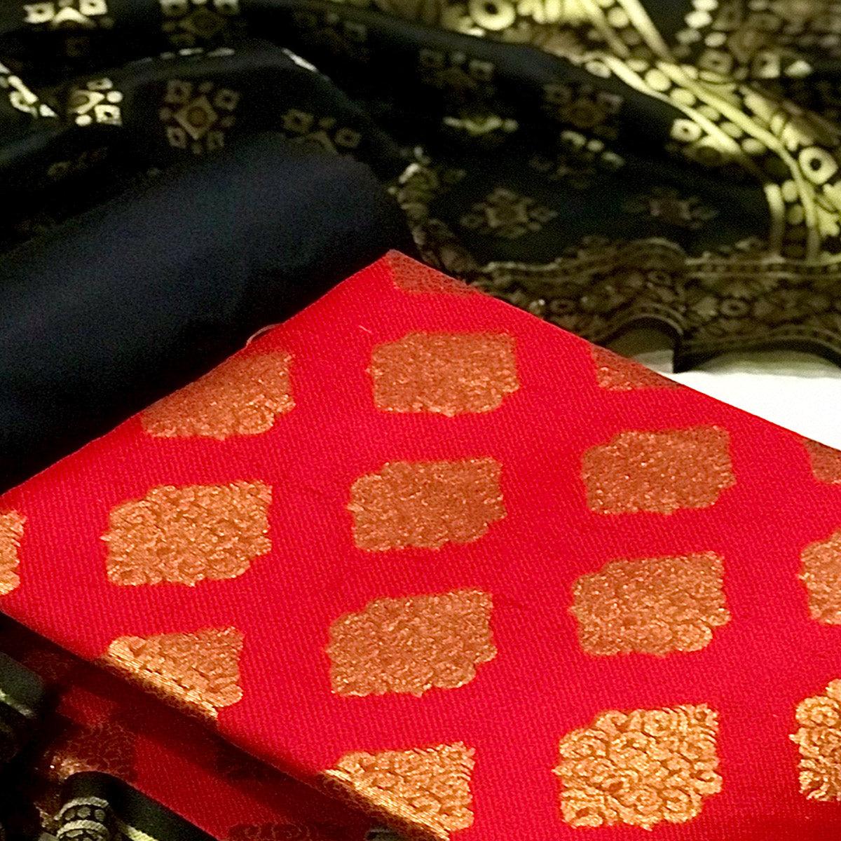 Red Casual Wear Embroidered Banarasi Silk Dress Material - Peachmode