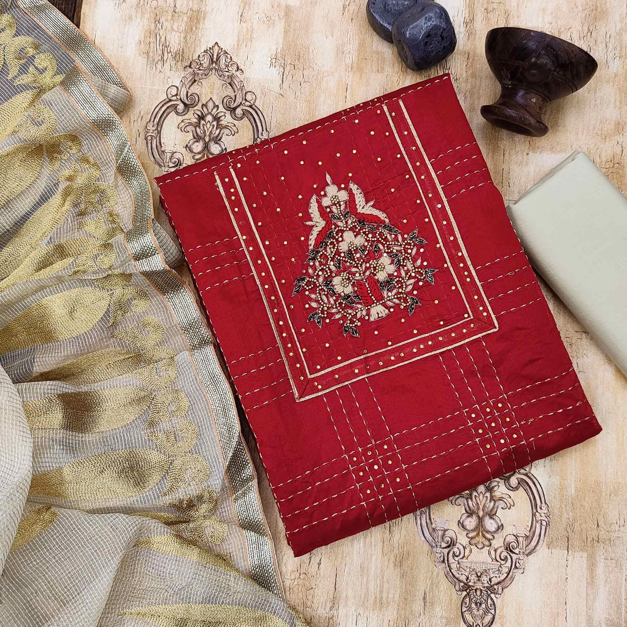 Red Casual Wear Embroidered Chanderi Dress Material - Peachmode
