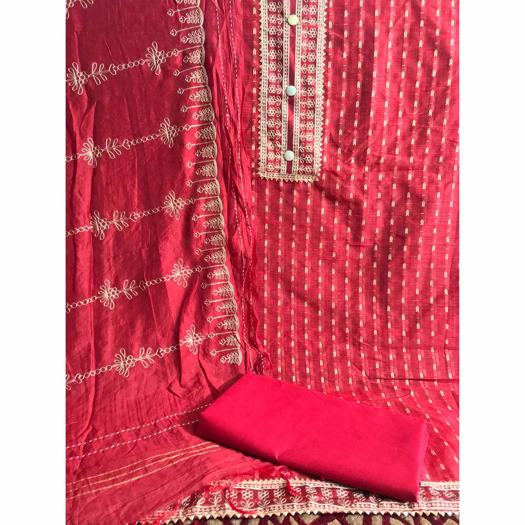 Red Casual Wear Embroidered Cotton Dress Material - Peachmode