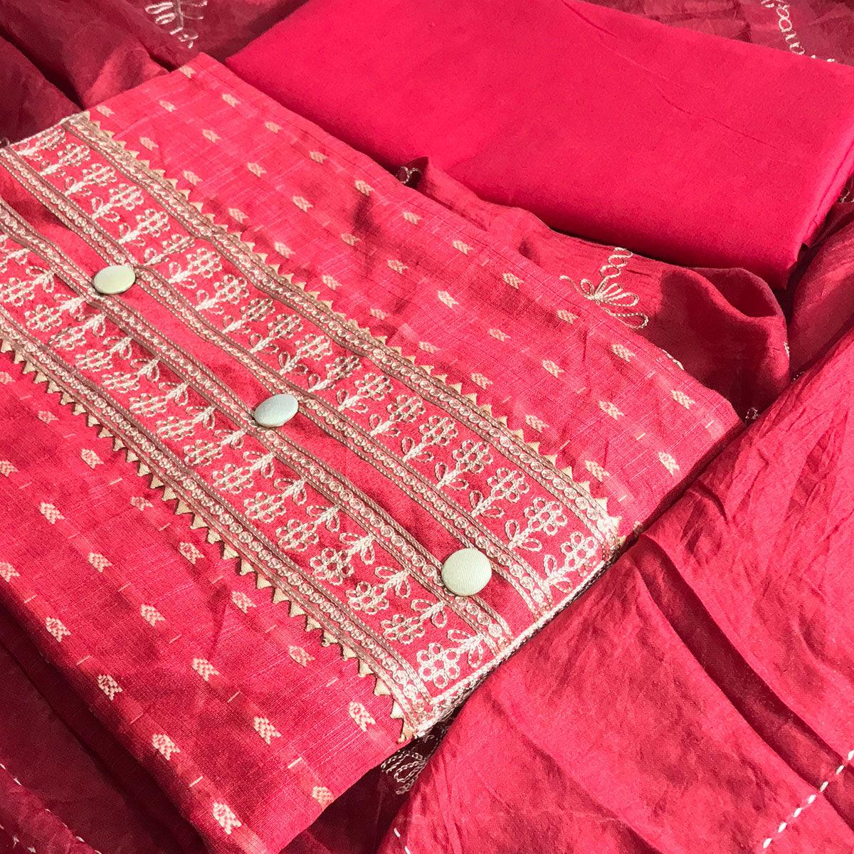 Red Casual Wear Embroidered Cotton Dress Material - Peachmode