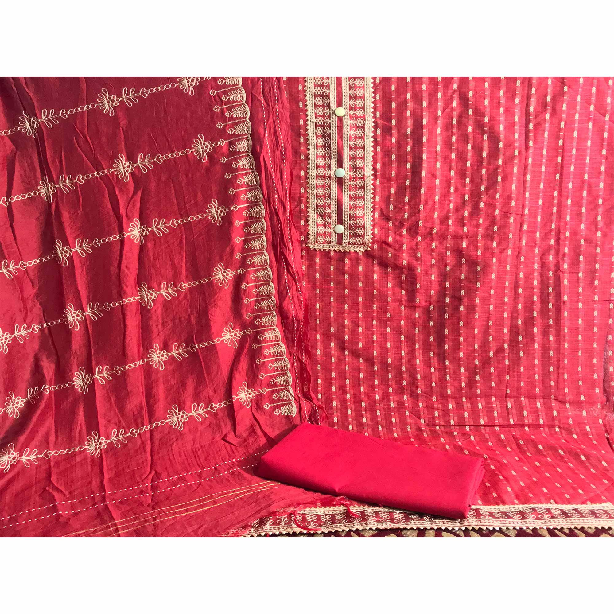 Red Casual Wear Embroidered Cotton Dress Material - Peachmode